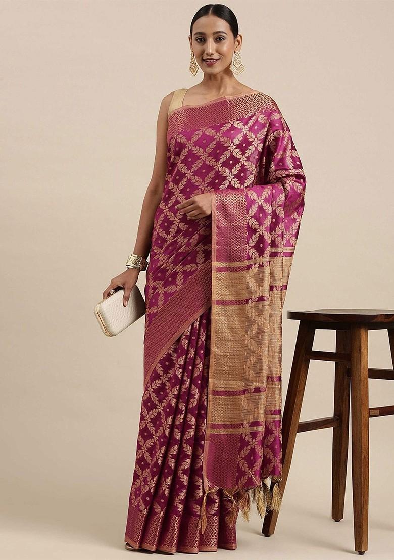 Purple Embroidered Blended Saree Set - Indya