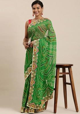Green Embroidered Blended Saree Set