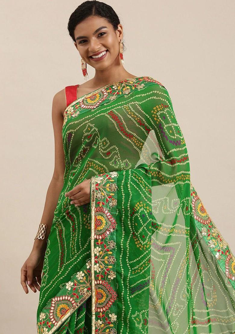 Green Embroidered Blended Saree Set - Indya