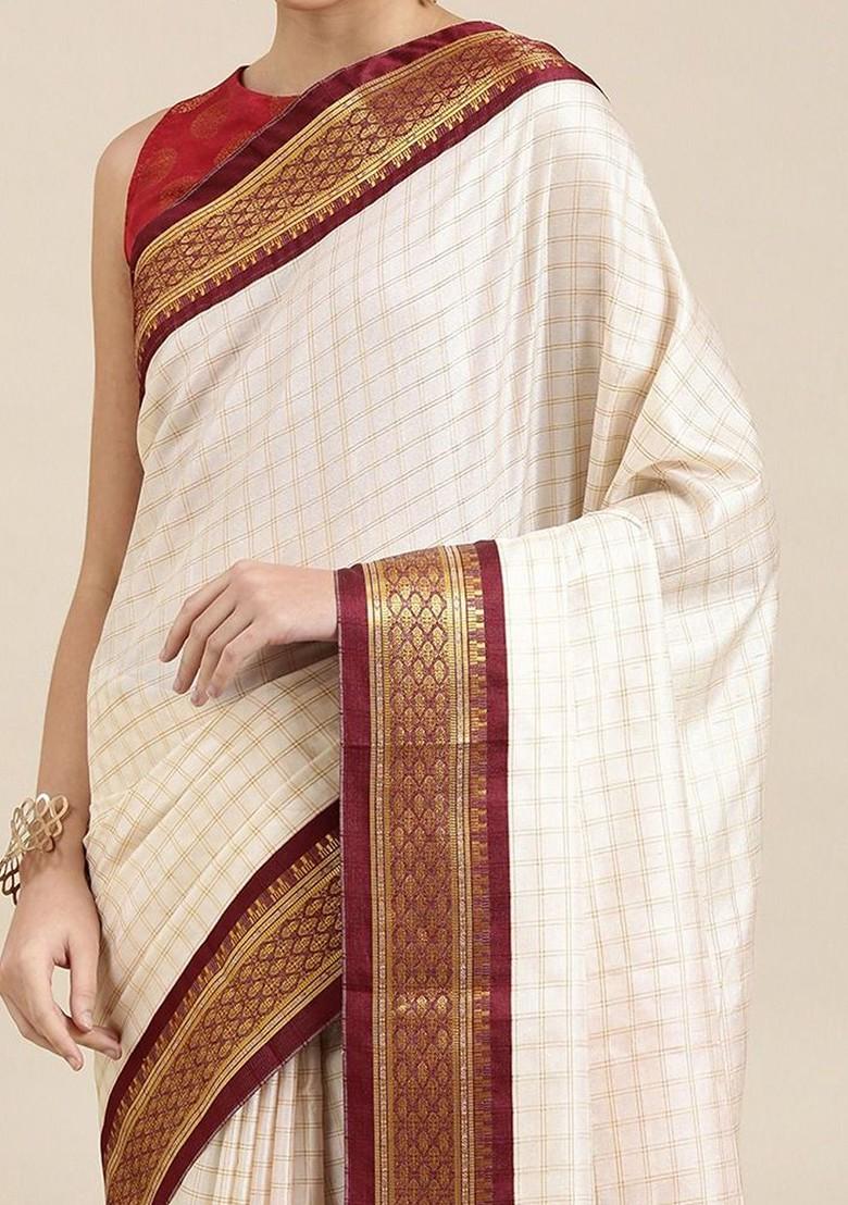 Maroon Zari Printed Blended Saree Set - Indya