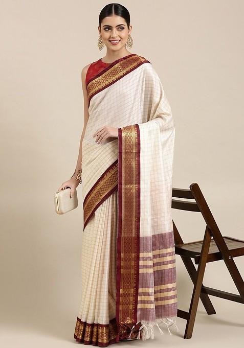 Maroon Zari Printed Blended Saree Set