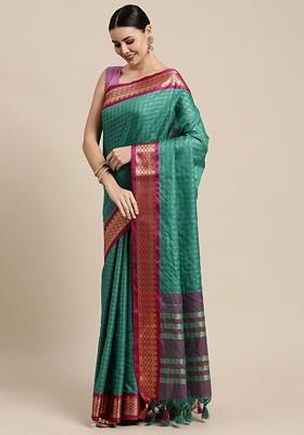 Teal Zari Printed Blended Saree Set