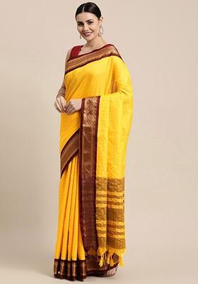 Yellow Zari Printed Blended Saree Set