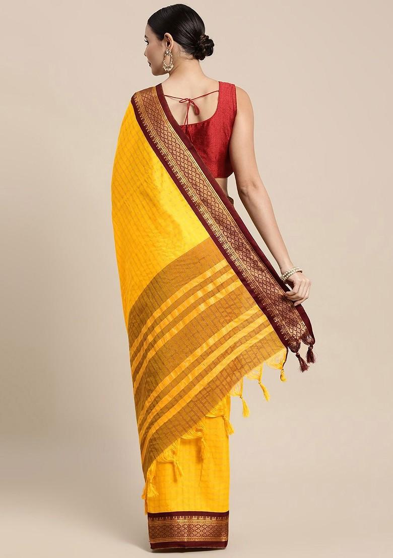 Yellow Zari Printed Blended Saree Set - Indya