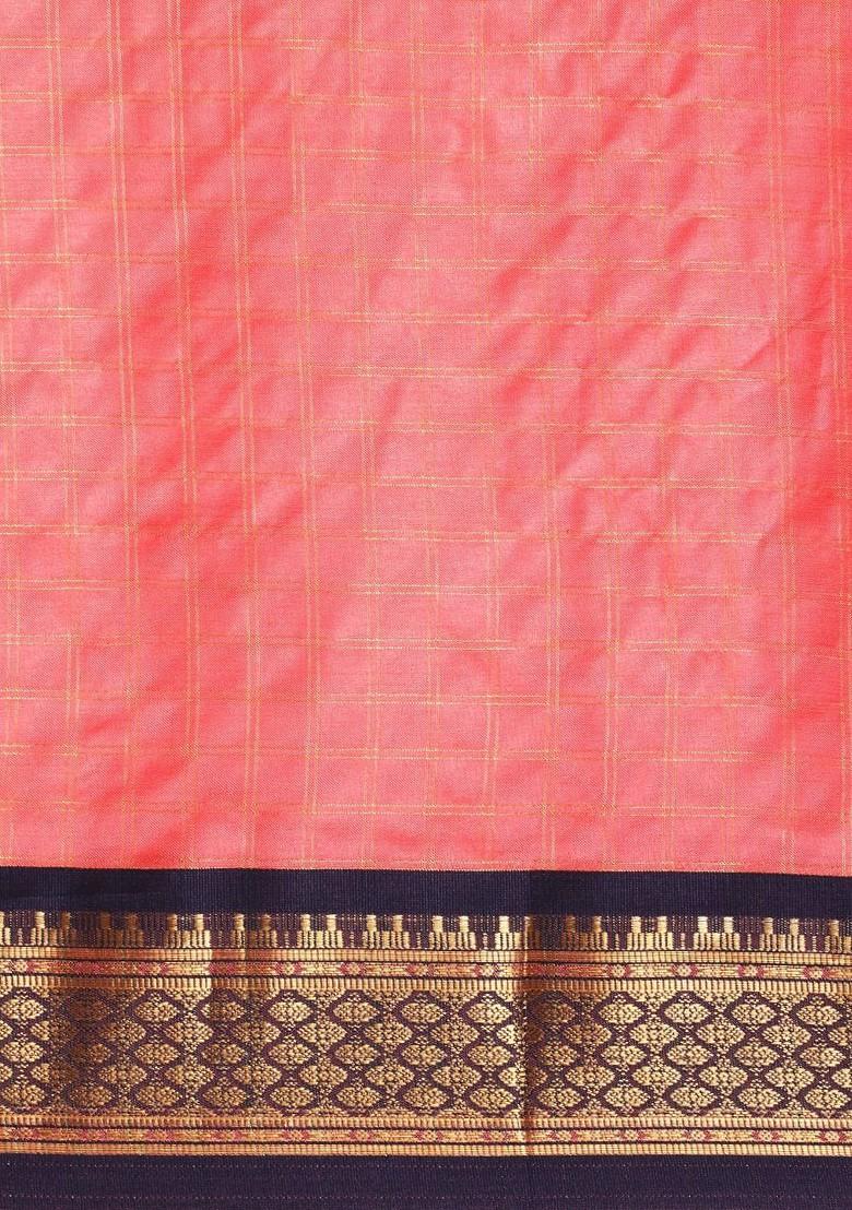 Peach Zari Printed Blended Saree Set - Indya