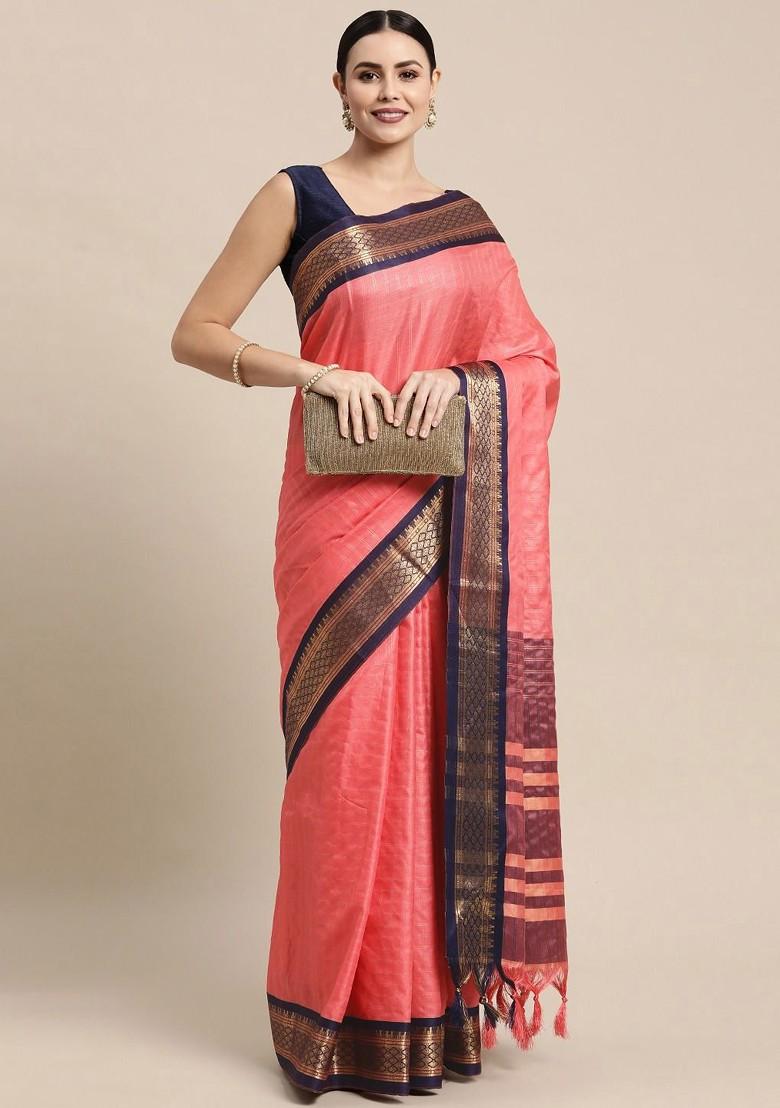 Peach Zari Printed Blended Saree Set - Indya
