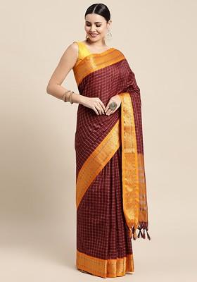 Maroon Zari Printed Blended Saree Set