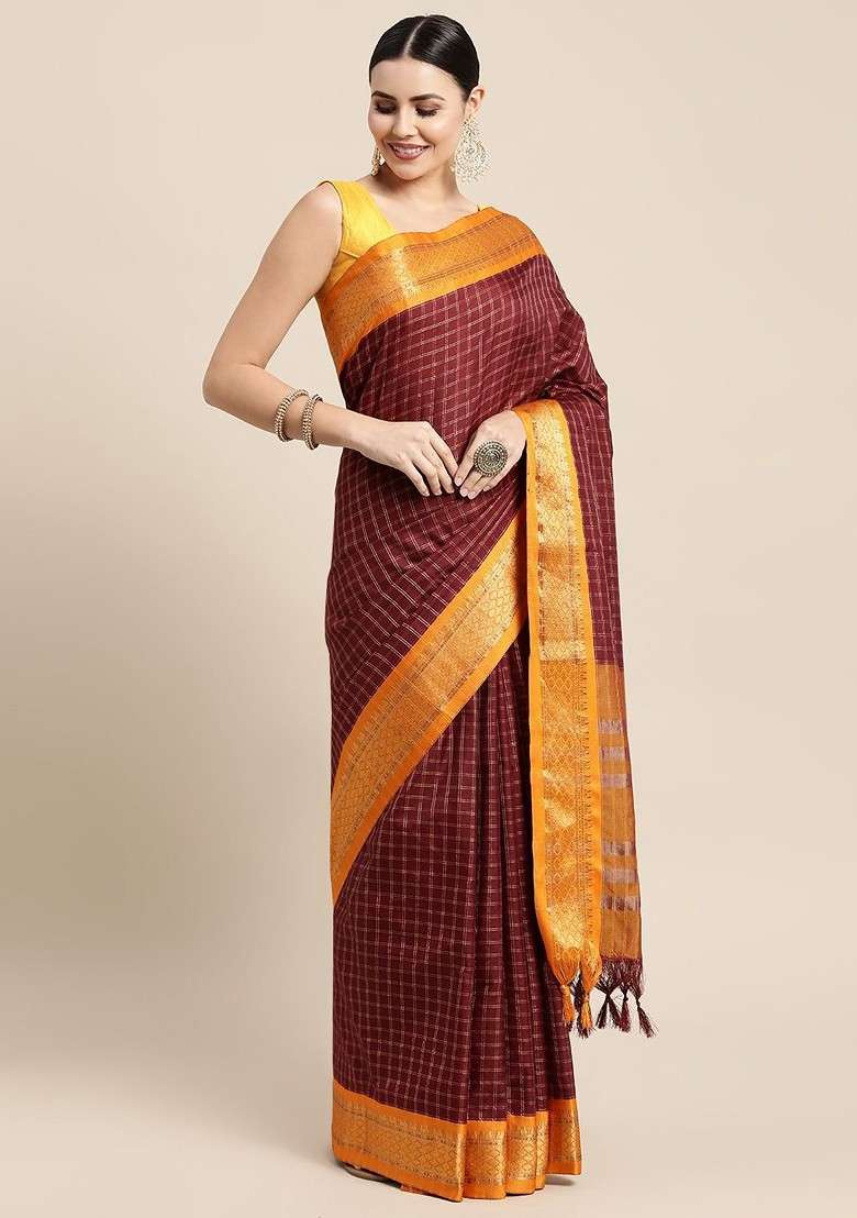 Maroon Zari Printed Blended Saree Set for Diwali and Festive Wear - Indya