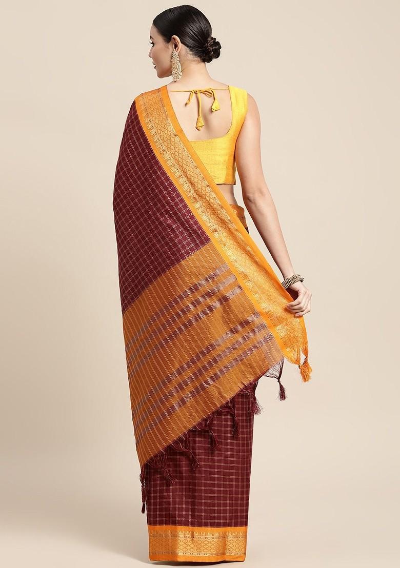 Maroon Zari Printed Blended Saree Set - Indya