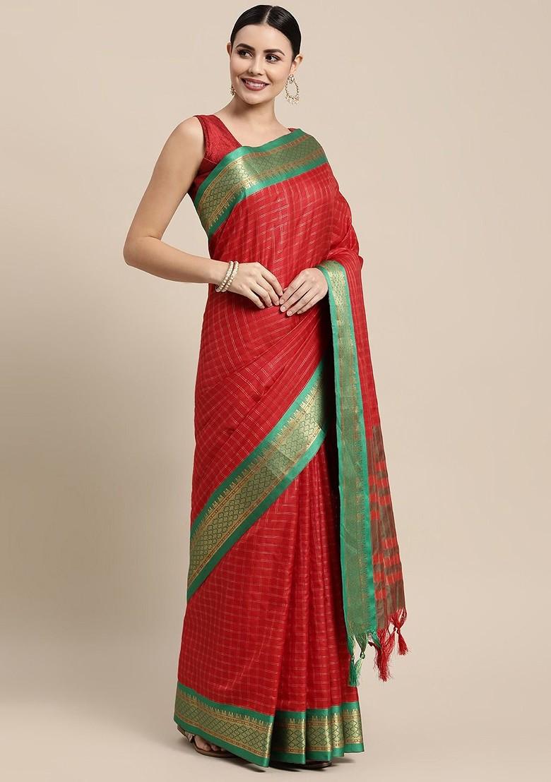 Red Zari Printed Blended Saree Set - Indya