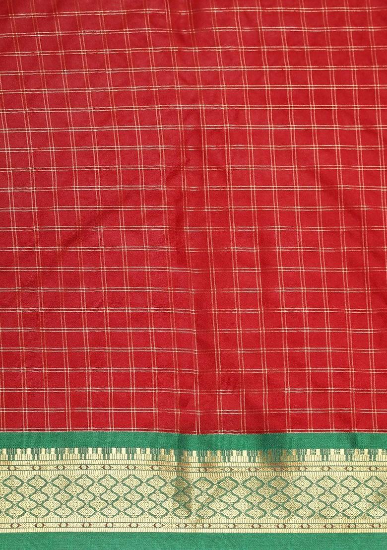 Red Zari Printed Blended Saree Set - Indya