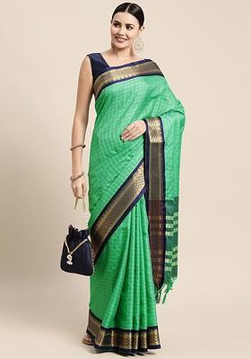 Green Zari Printed Blended Saree Set