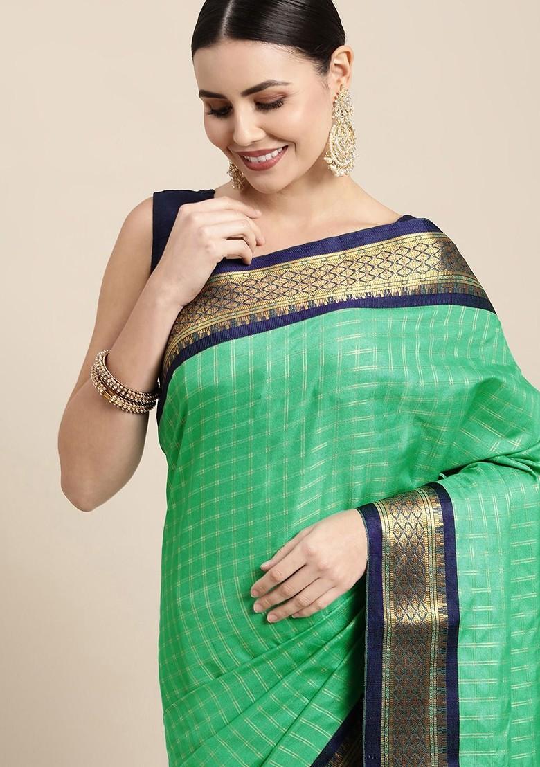 Green Zari Printed Blended Saree Set - Indya