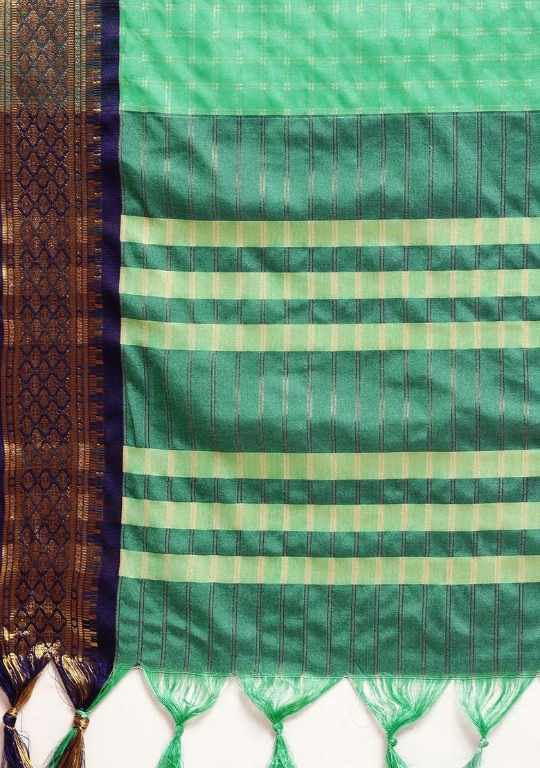 Green Zari Printed Blended Saree Set - Indya