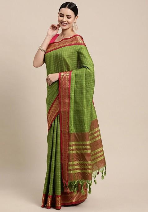 Green Zari Printed Blended Saree Set