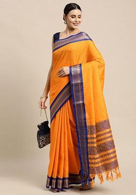 Orange Embroidered Blended Saree Set