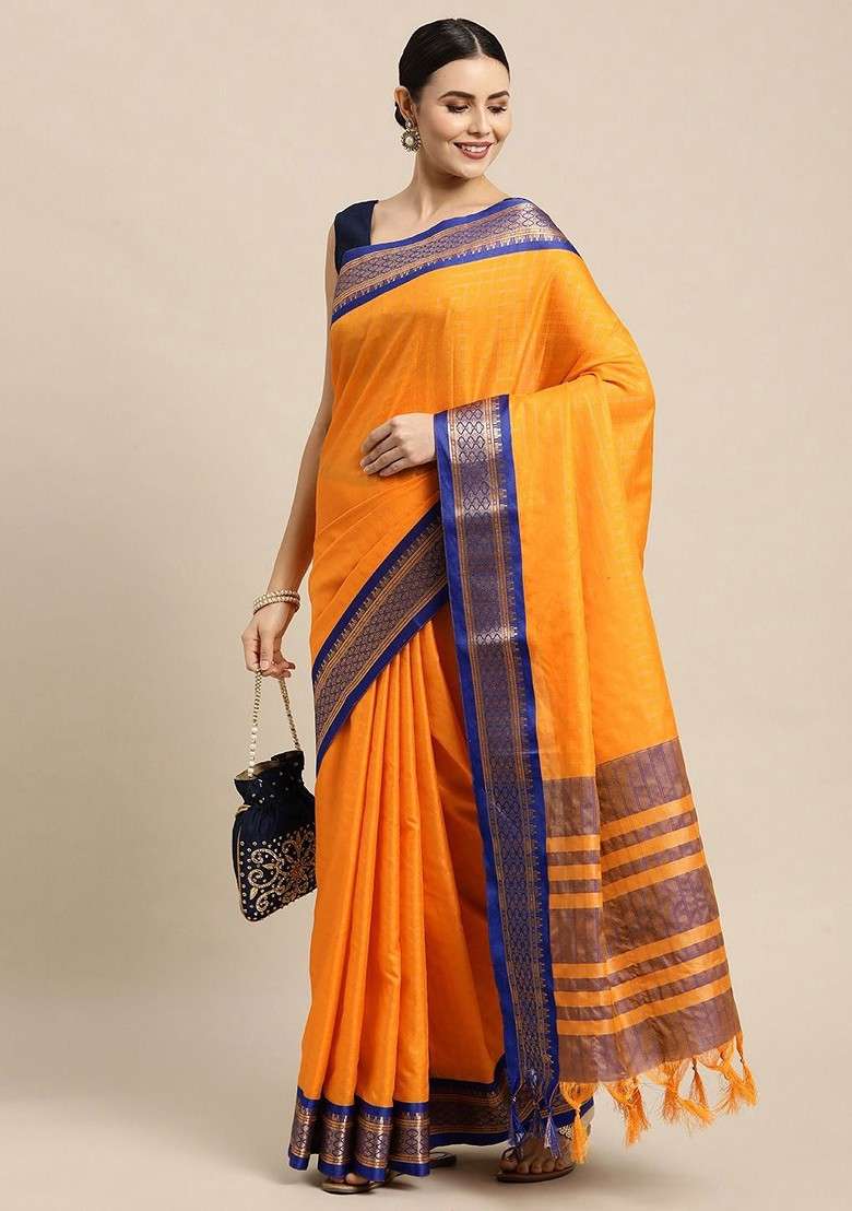 Orange Embroidered Blended Saree Set - Indya