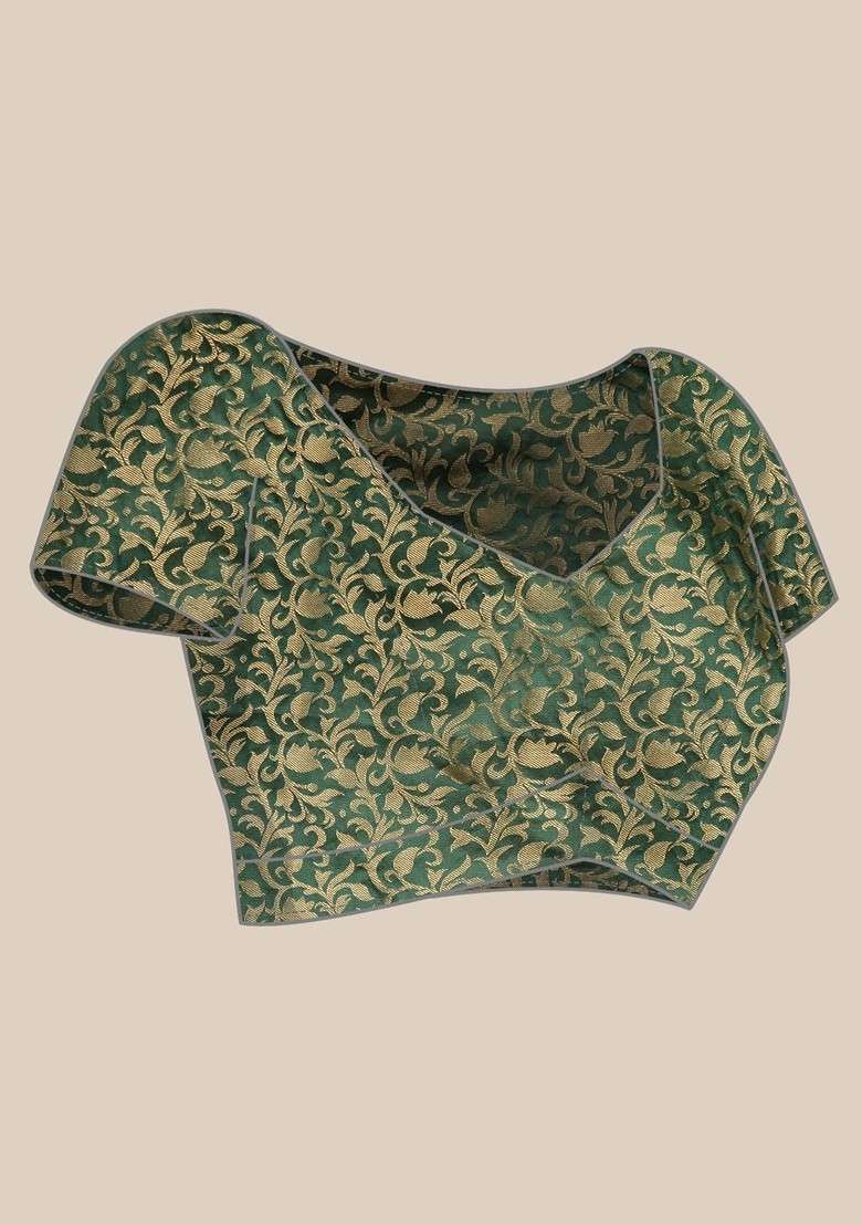 Olive Zari Printed Blended Saree Set for Diwali and Festive Wear - Indya