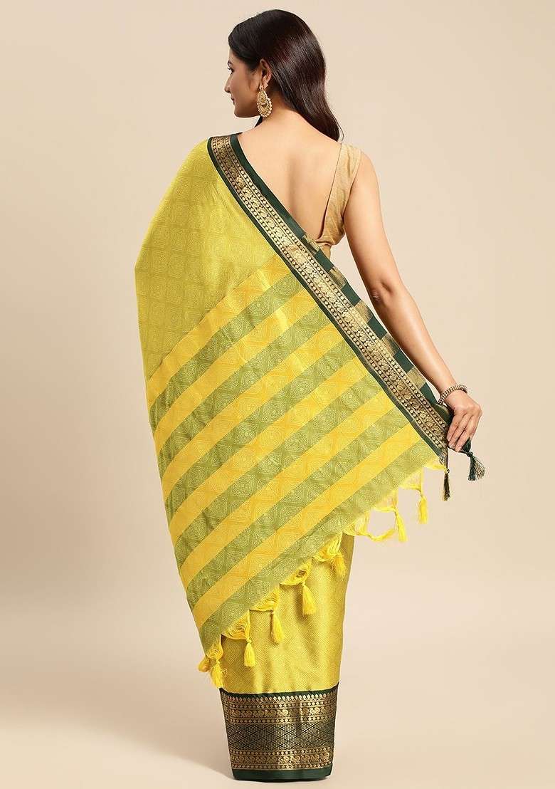 Olive Zari Printed Blended Saree Set for Diwali and Festive Wear - Indya