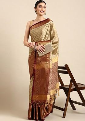 Beige Zari Printed Blended Saree Set