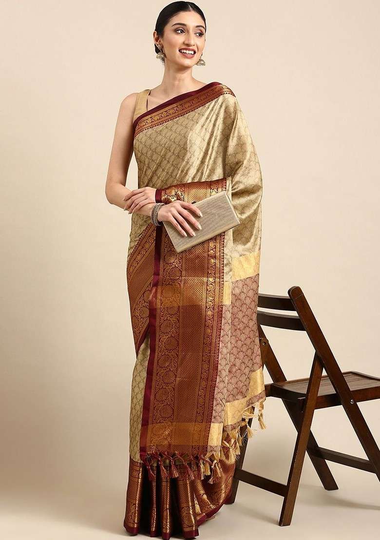 Beige Zari Printed Blended Saree Set for Diwali and Festive Wear - Indya
