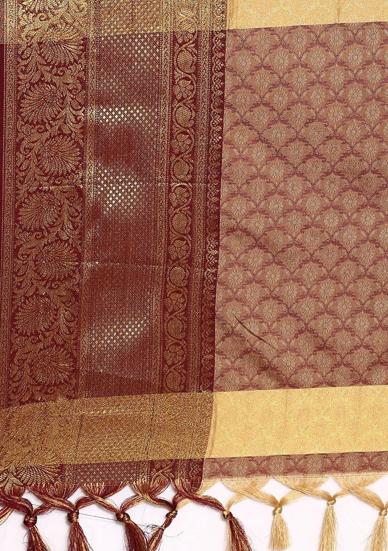 Beige Zari Printed Blended Saree Set - Indya