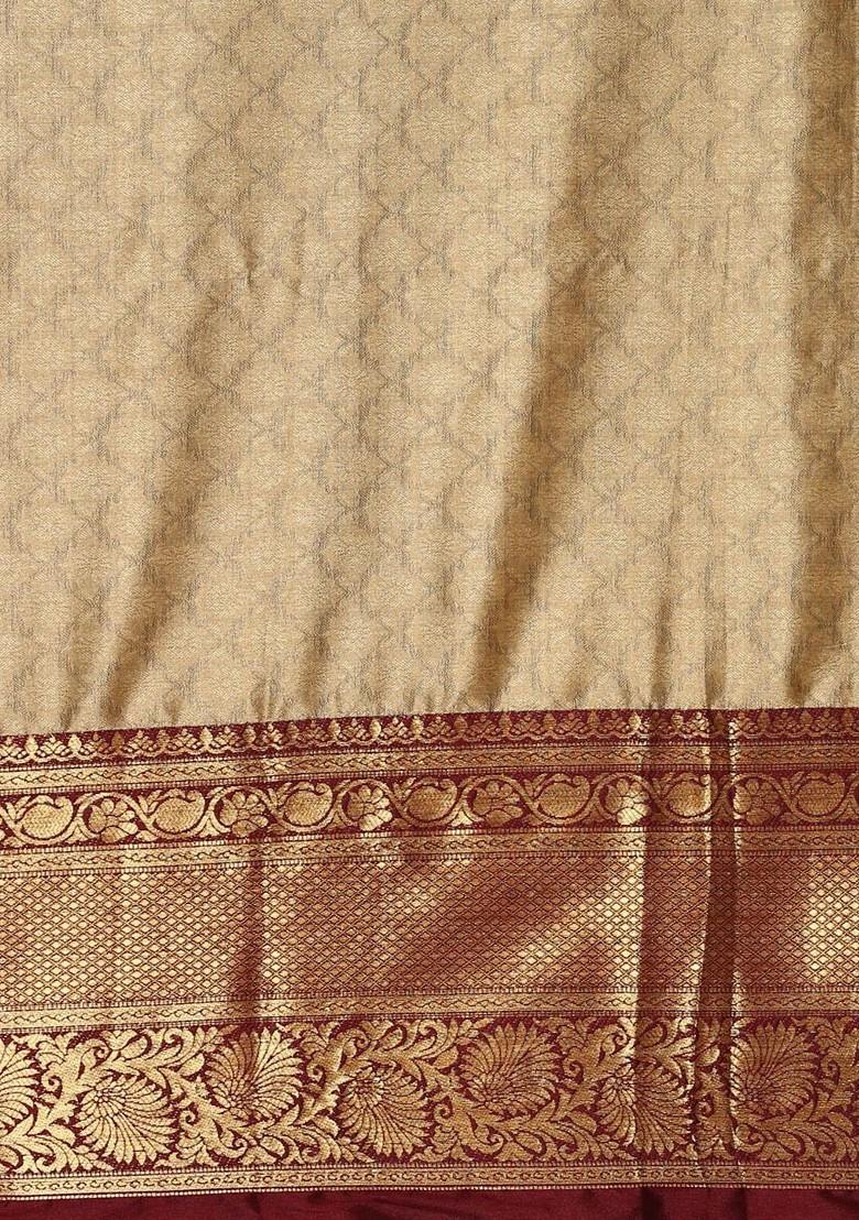 Beige Zari Printed Blended Saree Set - Indya