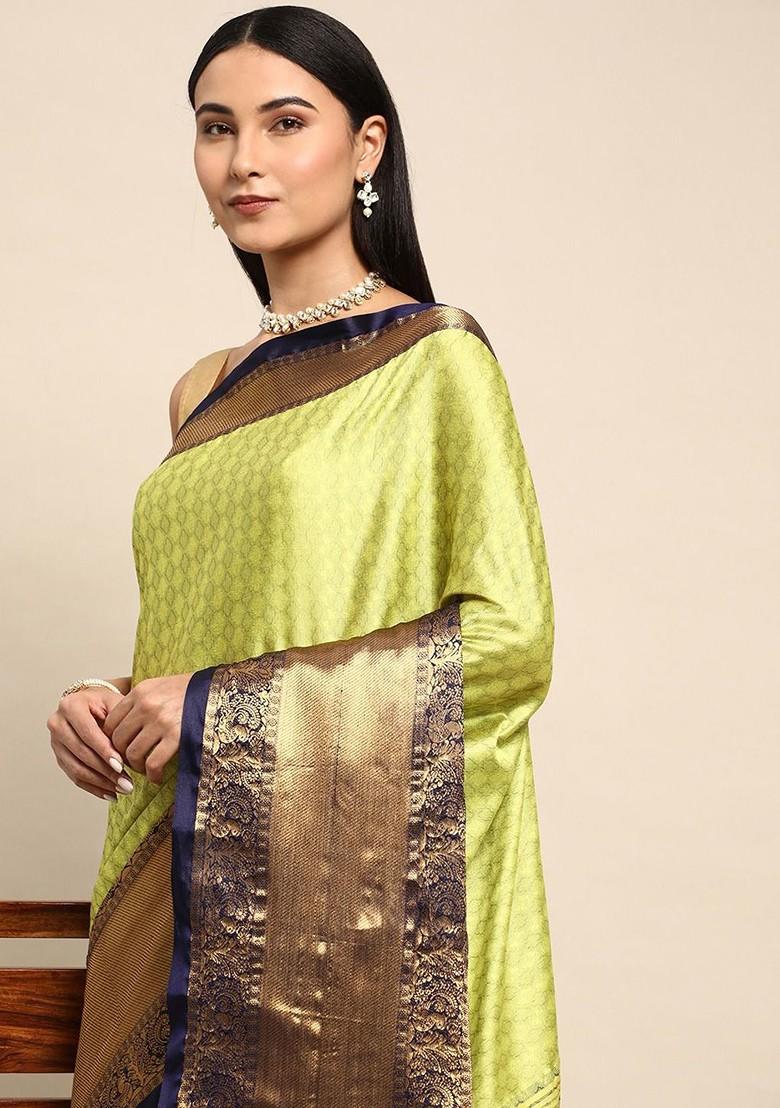 Olive Zari Printed Blended Saree Set - Indya