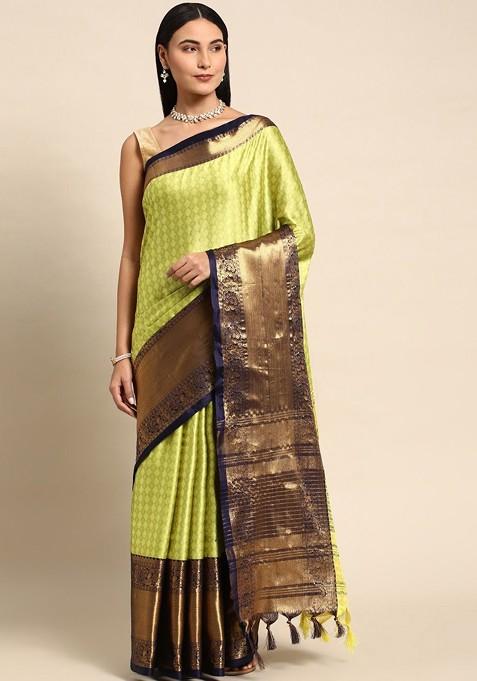 Olive Zari Printed Blended Saree Set