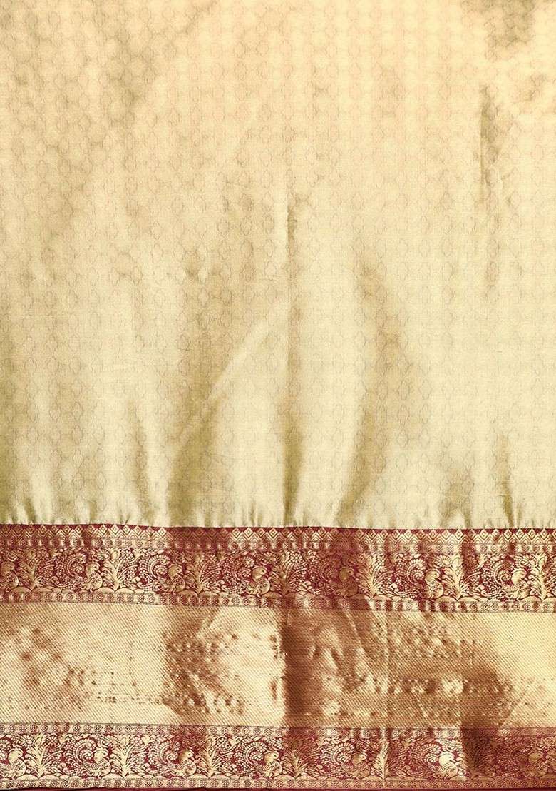 Beige Zari Printed Blended Saree Set - Indya