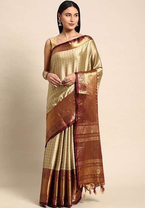 Beige Zari Blended Saree Set with Printed for Diwali | Wedding & Festive Wear