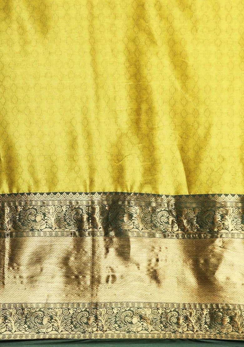Olive Zari Printed Blended Saree Set - Indya