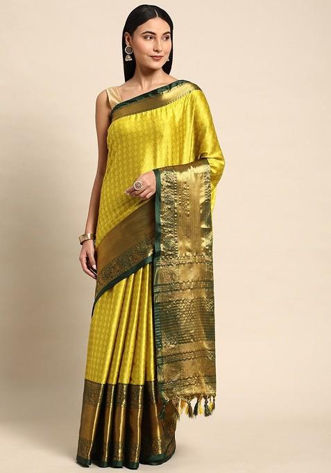 Olive Zari Printed Blended Saree Set
