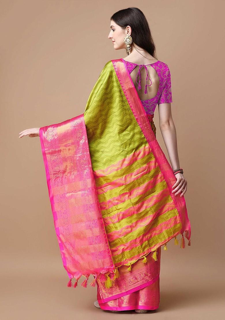 Olive Printed Blended Saree Set - Indya