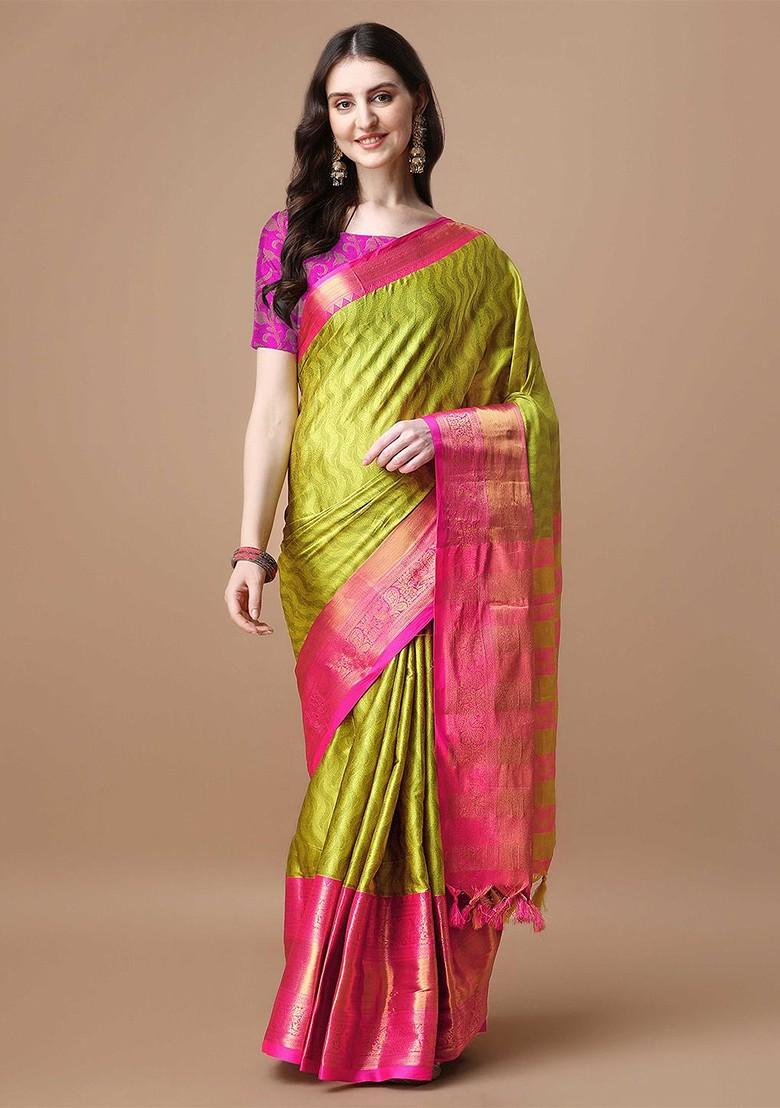 Olive Printed Blended Saree Set - Indya