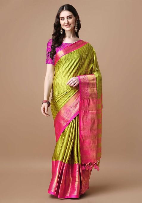Olive Printed Blended Saree Set