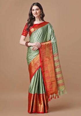 Green Embellished Blended Saree Set