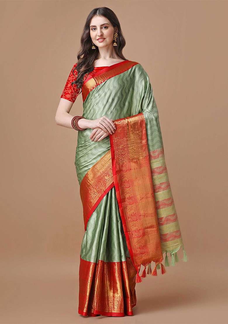 Green Embellished Blended Saree Set - Indya