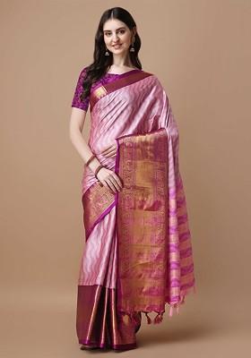 Pink Embroidered Blended Saree Set