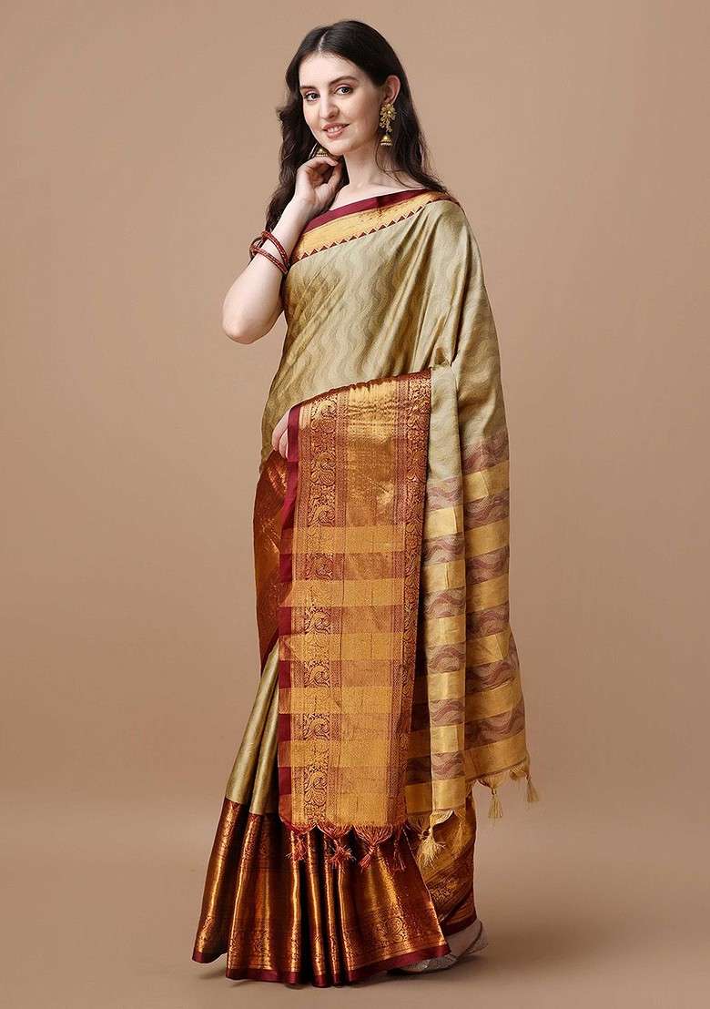 Beige Zari Printed Blended Saree Set - Indya