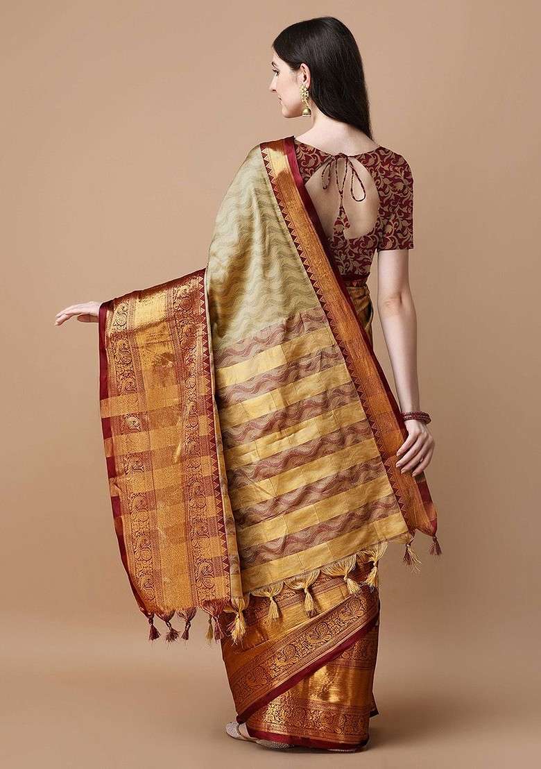 Beige Zari Printed Blended Saree Set for Diwali and Festive Wear - Indya