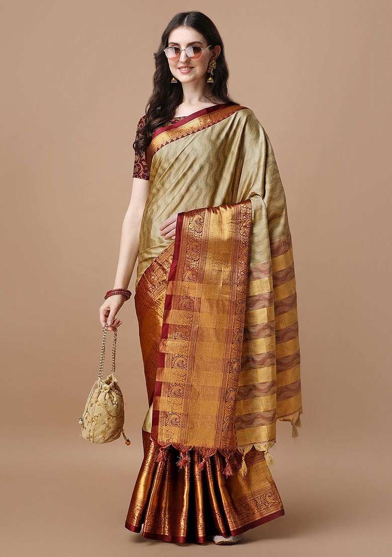 Beige Zari Printed Blended Saree Set - Indya
