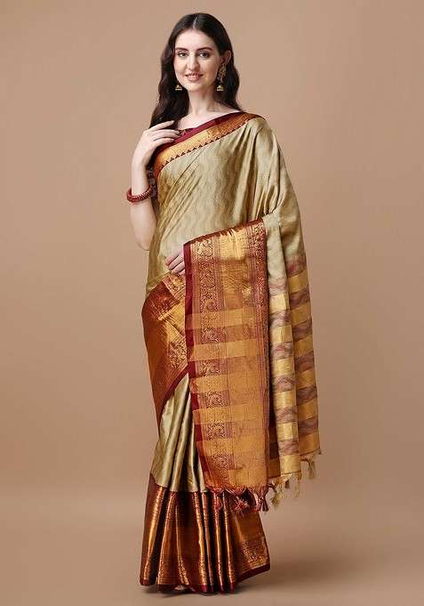 Beige Zari Printed Blended Saree Set for Diwali and Festive Wear