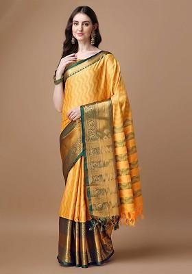 Yellow Embroidered Blended Saree Set