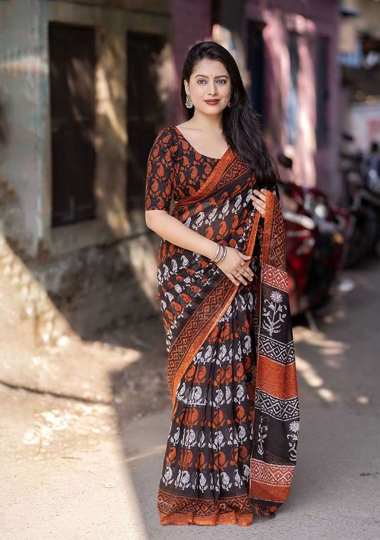 Orange Blended Saree Set with Printed for Diwali | Wedding & Festive Wear - Indya