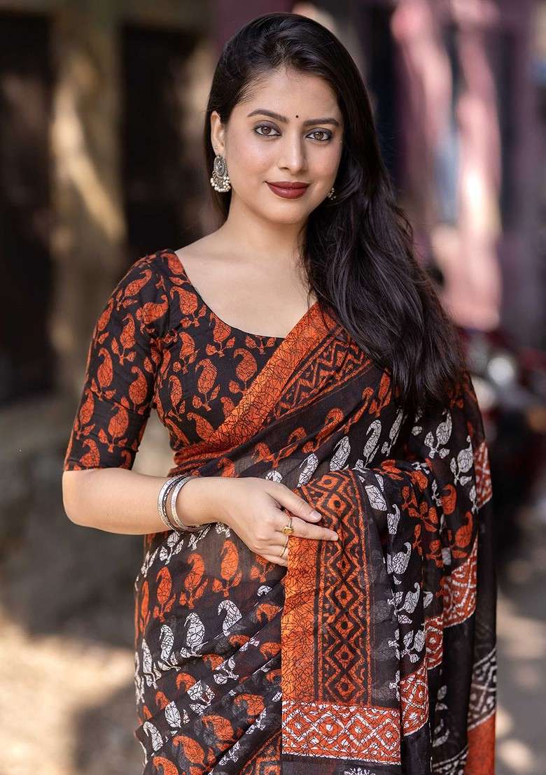Orange Blended Saree Set with Printed for Diwali | Wedding & Festive Wear - Indya
