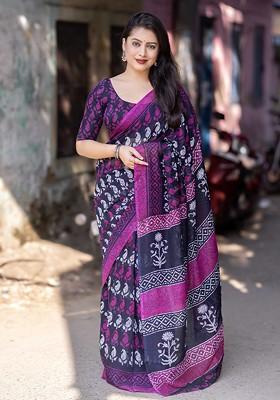 Purple Embroidered Blended Saree Set
