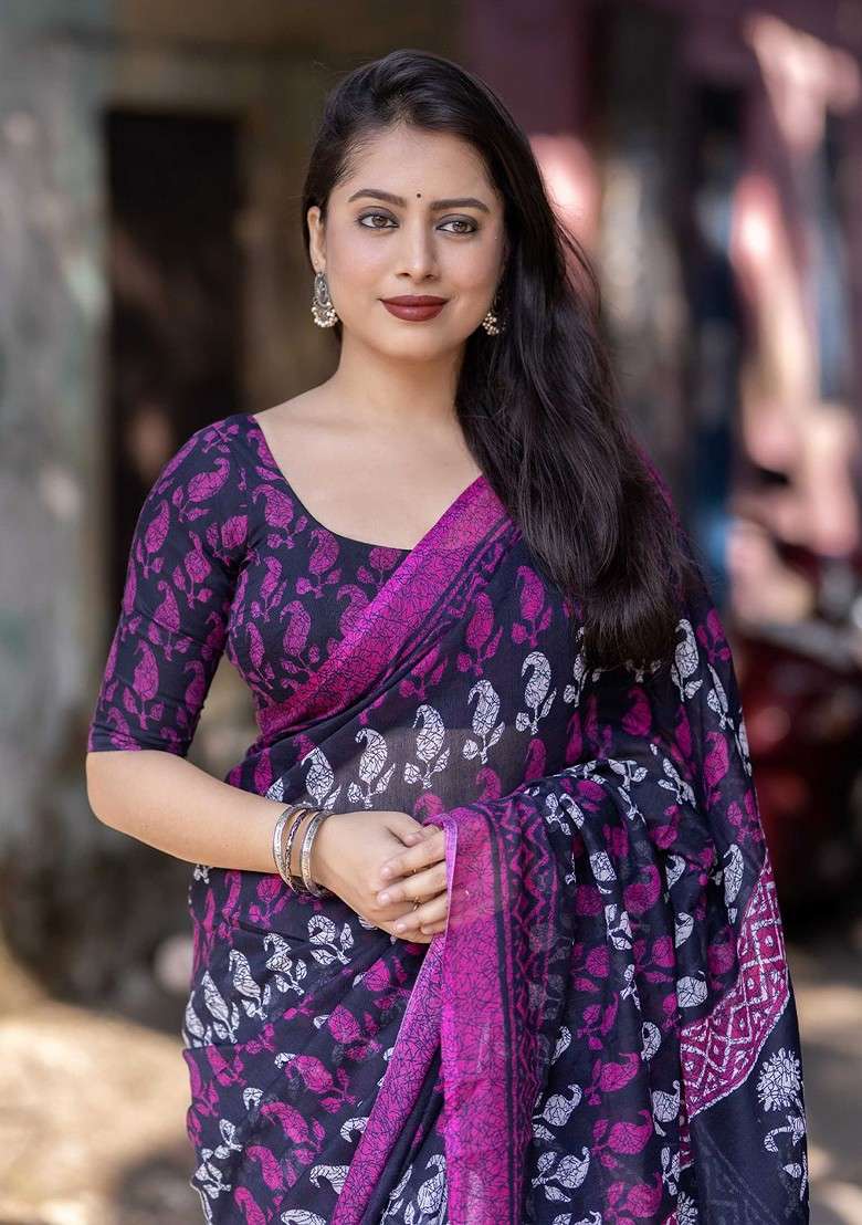 Purple Embroidered Blended Saree Set for Diwali and Festive Wear - Indya