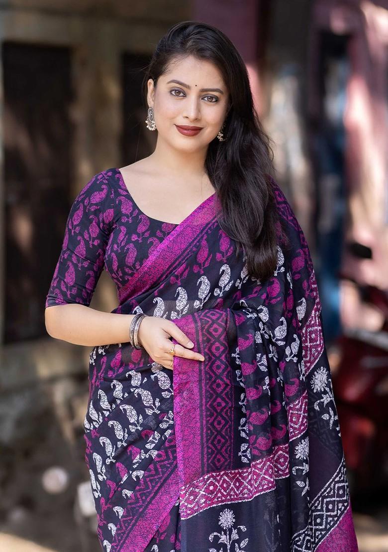 Purple Embroidered Blended Saree Set - Indya