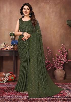Green Embellished Blended Saree Set